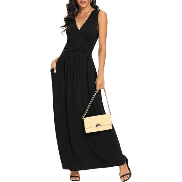 Dresses & Skirts - Women Black Deep V Neck Sleeveless Loose Plain Long Maxi Stretchy Casual Dress
